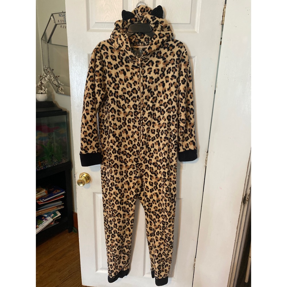 PJ Couture Leopard Print Fleece Union Suit Hooded Pajamas with Ears Large